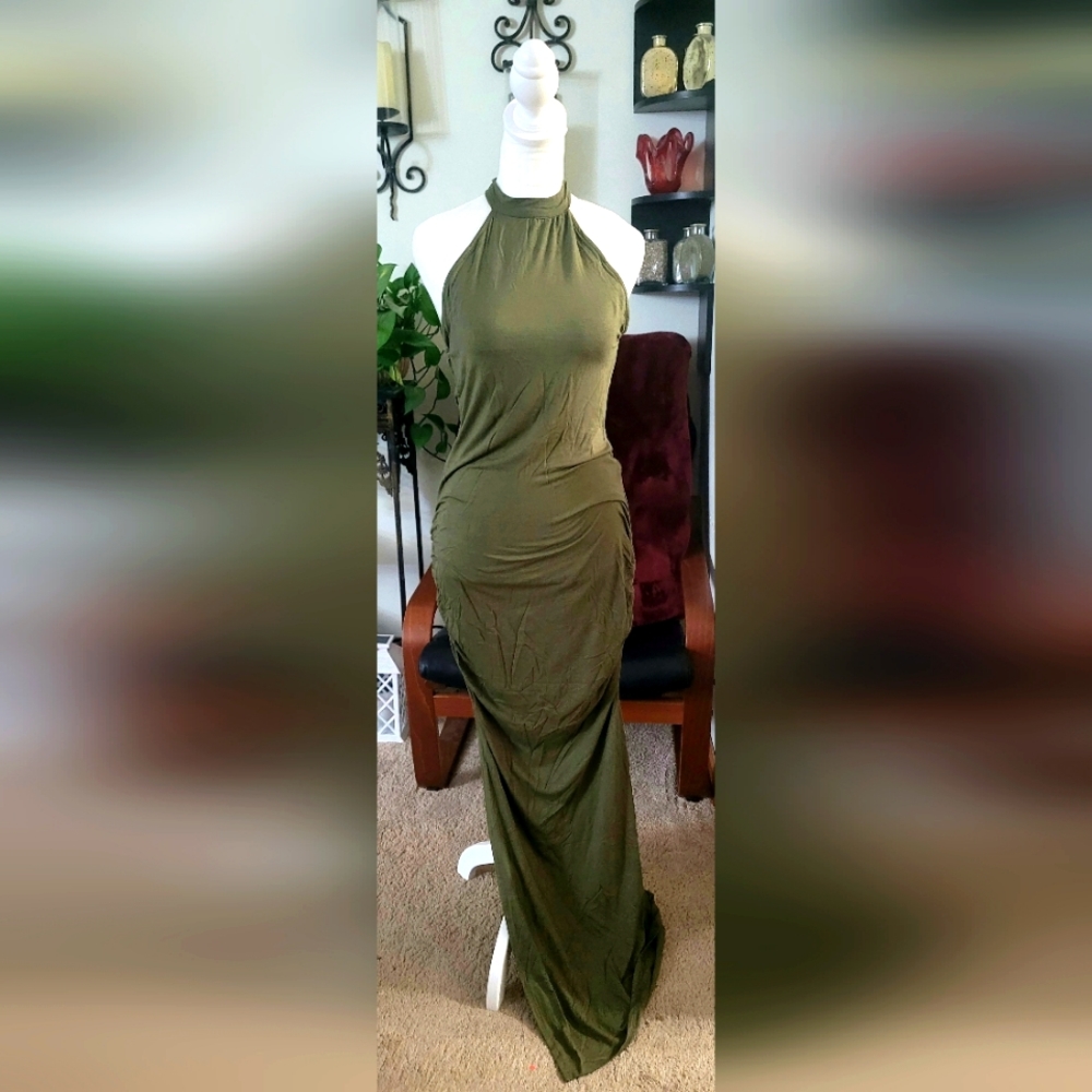 Venus Mock Neck Ruched Maxi Dress NWT